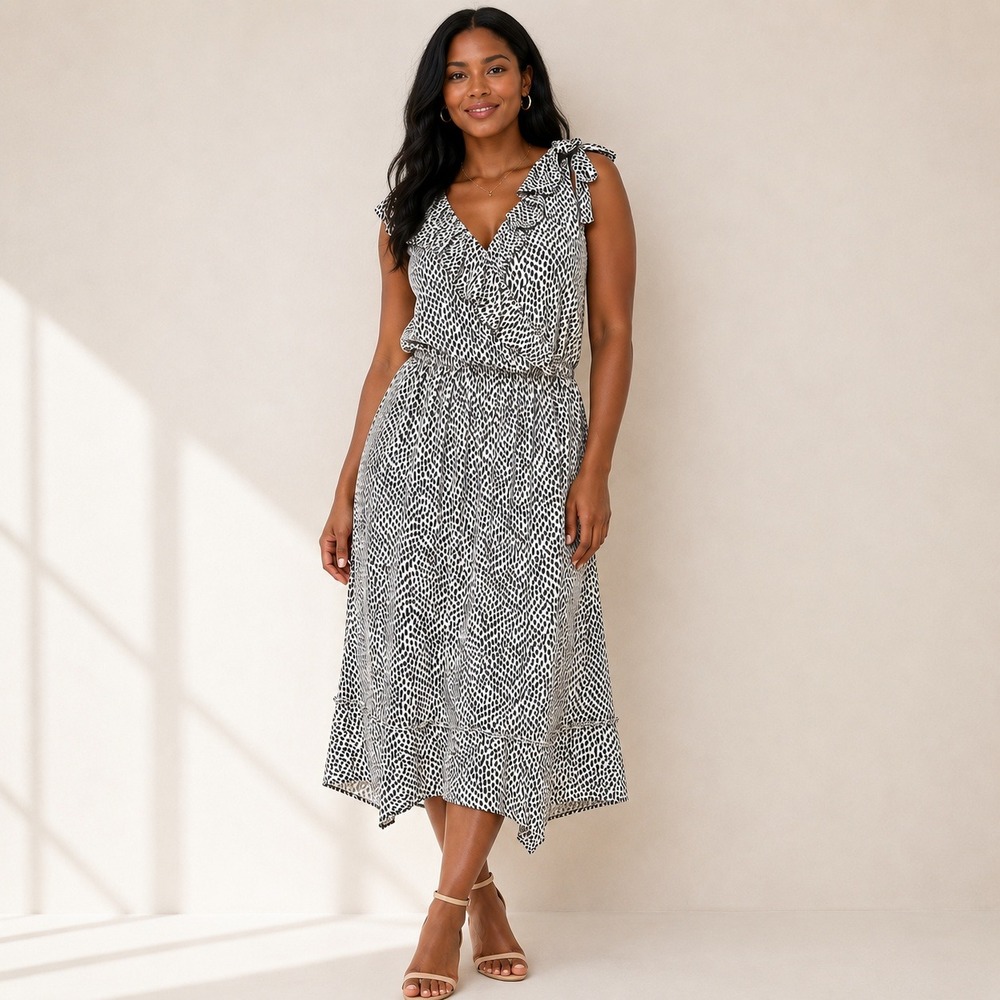 Who What Wear Sleeveless Ruffle Midi Dress Womens Small Black White Dot Print